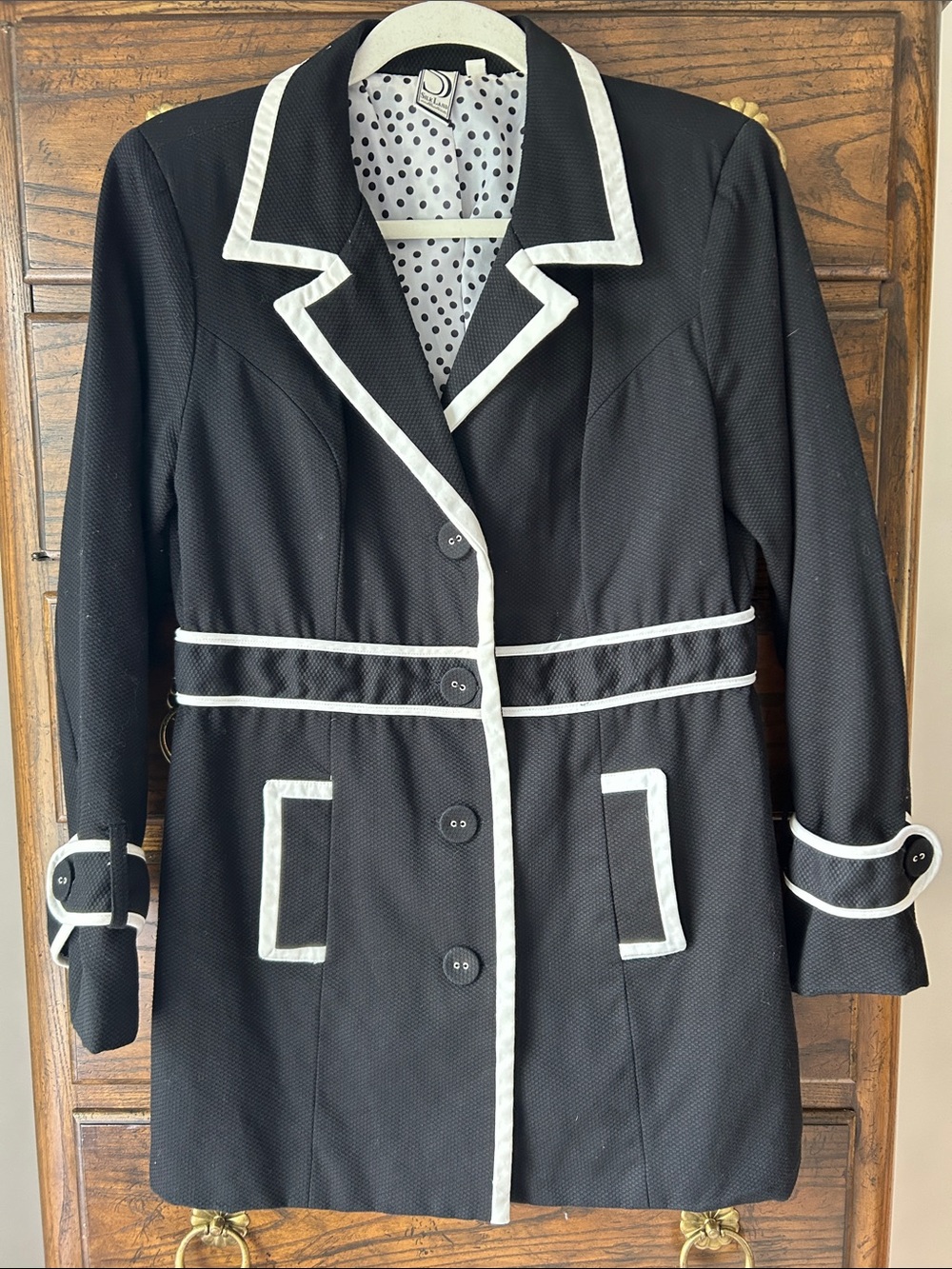 Women’s SilkLand Black Blazer with White Trim Accents, Polka Dot Lining, Size M